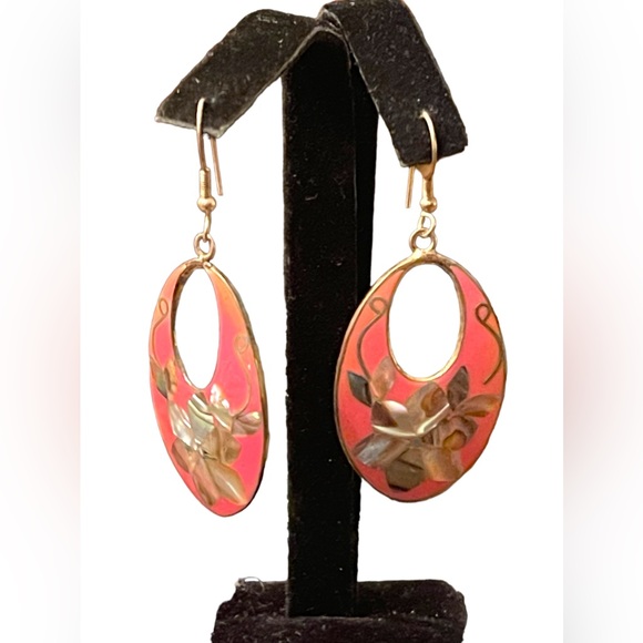 Vintage 1980s Mexico Alpaca pink Enameled abalone inlay earrings dangle - Picture 2 of 5